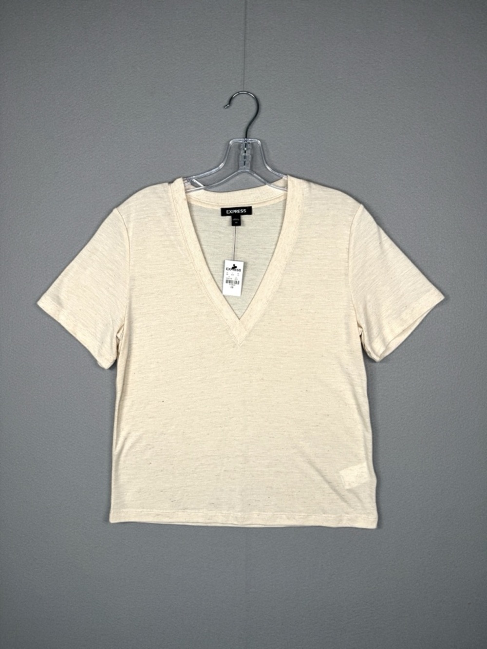 EXPRESS V Neck Tee Top Oatmeal‎ Slub XS Linen Blend T Shirt Neutral Casual
